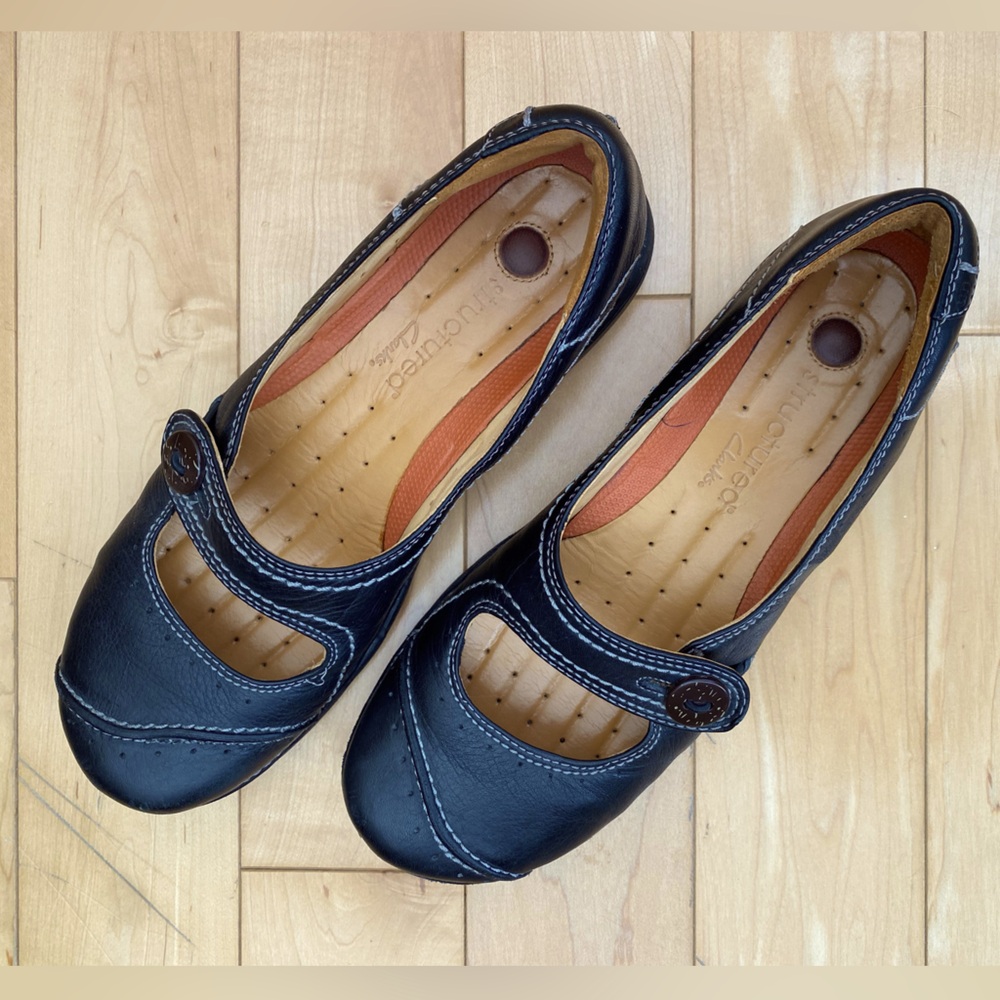 Clarks Black Mary Jane Flats with Button Strap